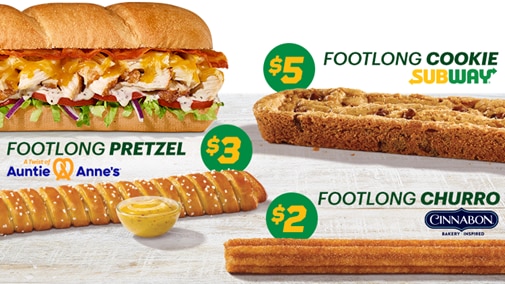 Sandwich next to Footlong Cookie, Churro and Pretzel 